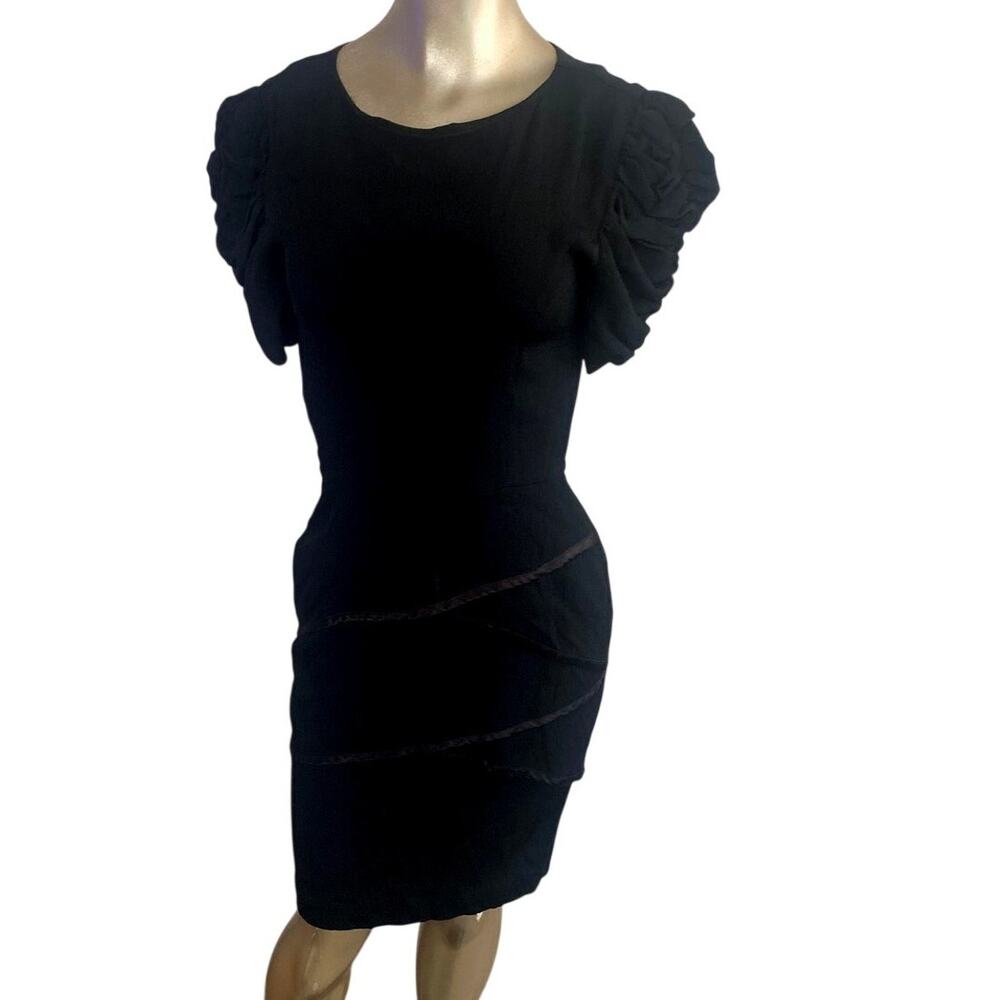 Vintage Petites By Secrets Black Textured Ruched Puff Sleeve Dress Size 8